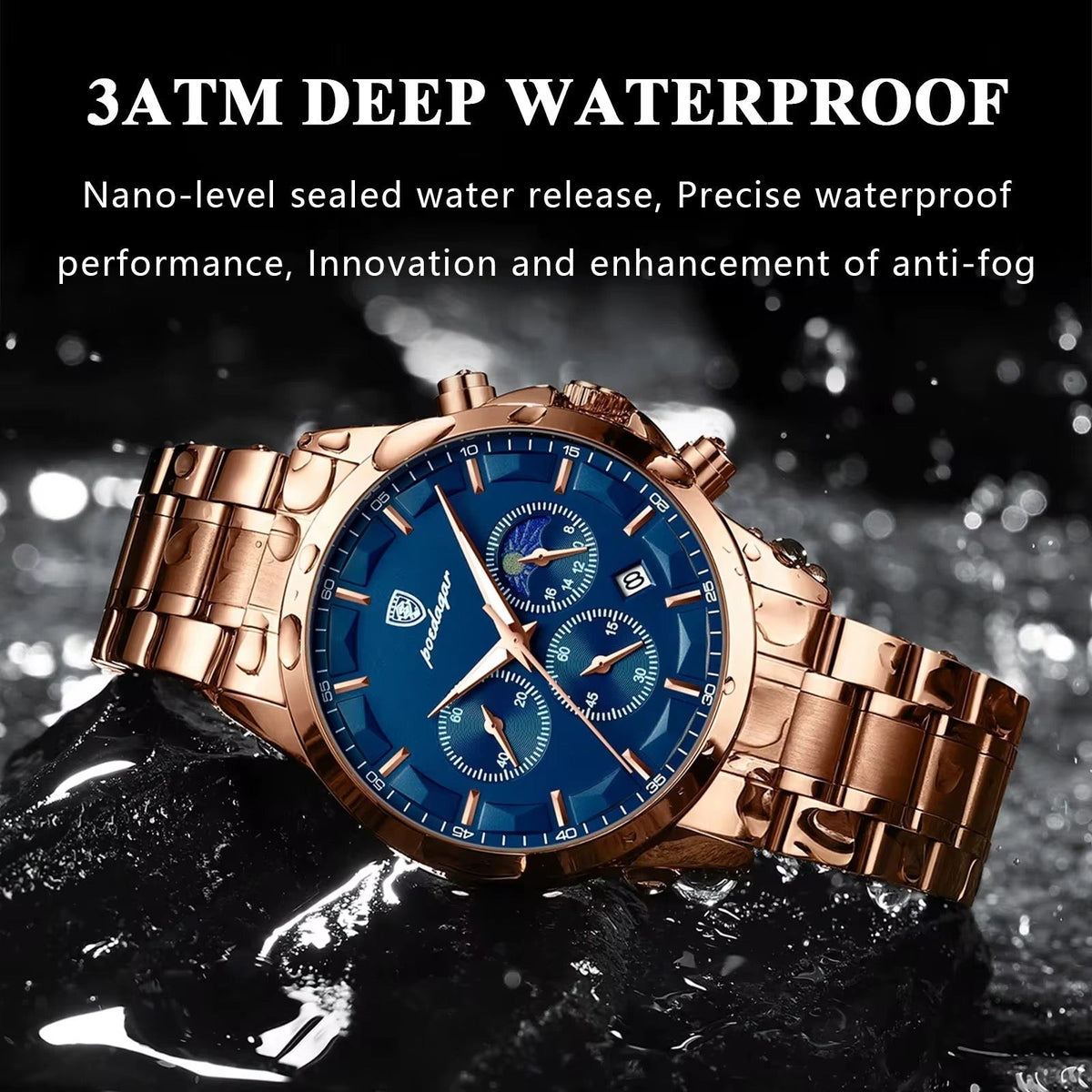 POEDAGAR 628 Montre de luxe à quartz Chronographe tendance en acier inoxydable Date lumineuse étanche PRO