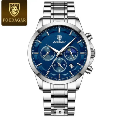 POEDAGAR 628 Montre de luxe à quartz Chronographe tendance en acier inoxydable Date lumineuse étanche PRO