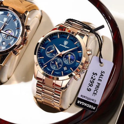 POEDAGAR 628 Montre de luxe à quartz Chronographe tendance en acier inoxydable Date lumineuse étanche PRO