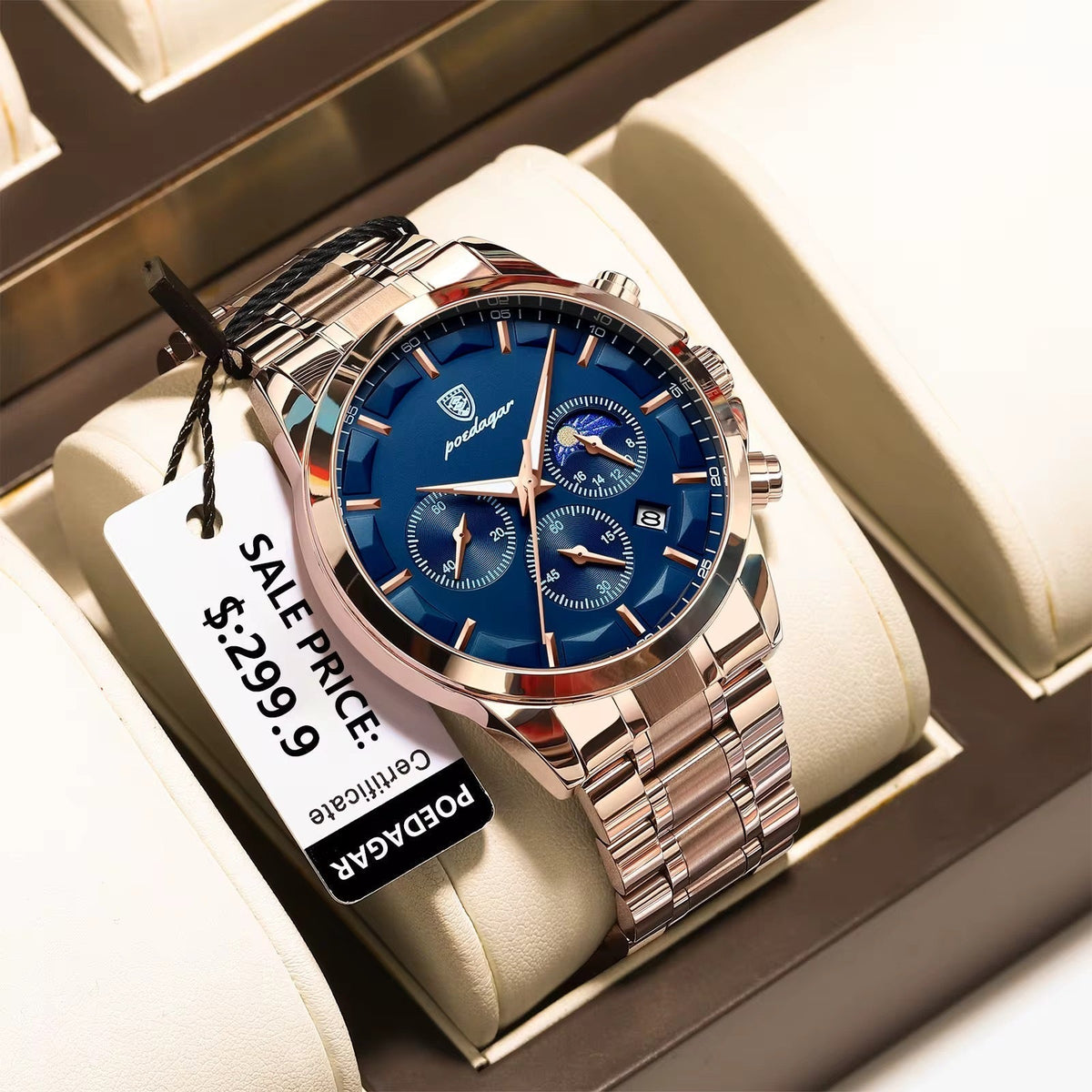 POEDAGAR 628 Montre de luxe à quartz Chronographe tendance en acier inoxydable Date lumineuse étanche PRO