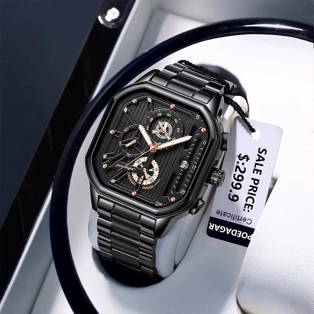 POEDAGAR 628 Montre de luxe décontractée pour homme à quartz Chronographe tendance en acier inoxydable Date lumineuse étanche Cadeaux pour hommes Montre-bracelet Pro