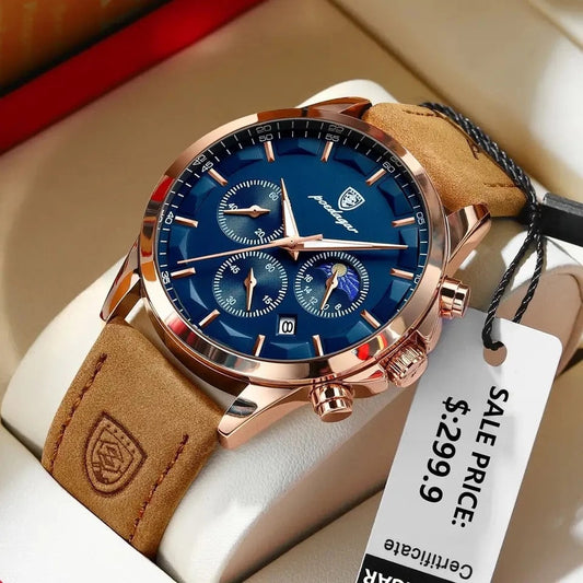 Montre pour hommes Offre Spéciale Poedagar P928 Chronographe Montres à quartz étanches en cuir véritable sngl