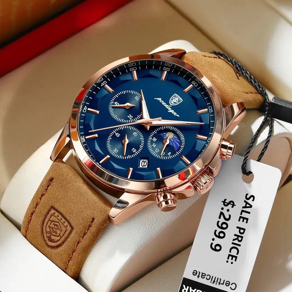 Montre pour hommes Offre Spéciale Poedagar P928 Chronographe Montres à quartz étanches en cuir véritable Abs
