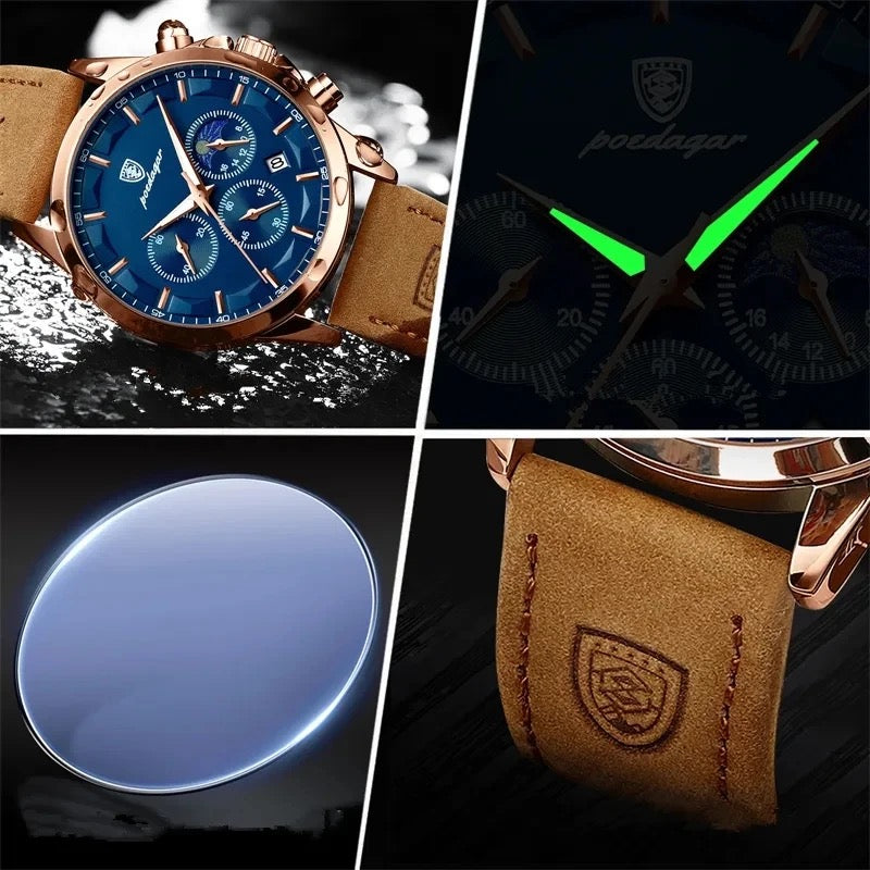 Montre pour hommes Offre Spéciale Poedagar P928 Chronographe Montres à quartz étanches en cuir véritable Abs